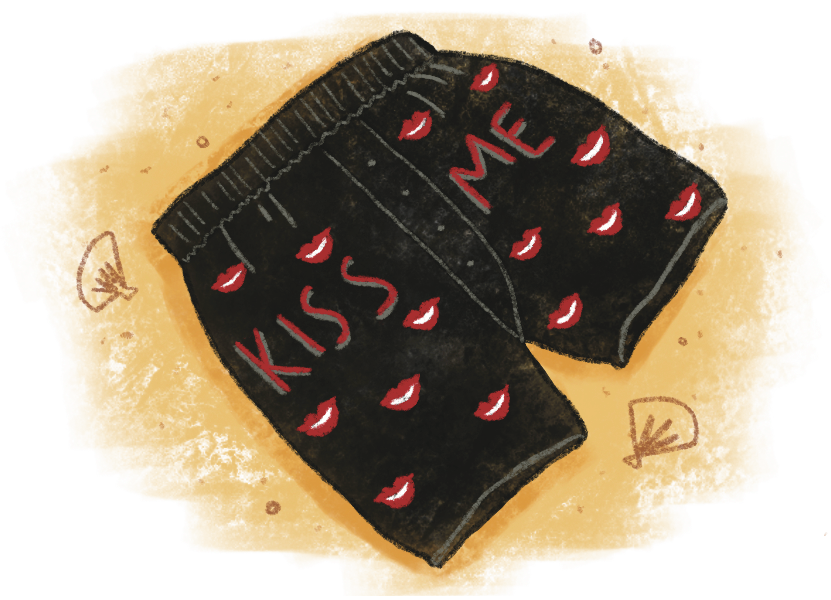 Illustration of black boxer shorts with red lips and the words Kiss Me on the front, by Rosalinda Perez