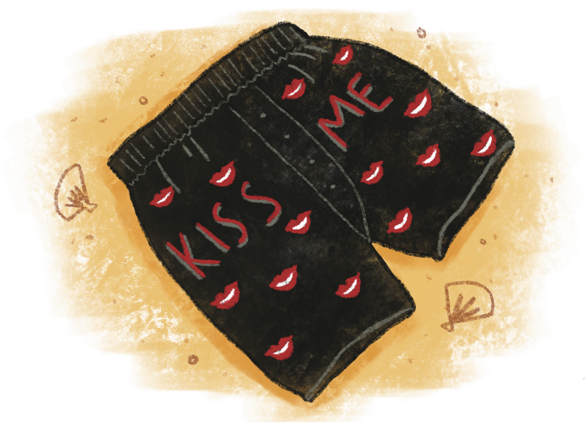 Illustration of black boxer shorts with red lips and the words Kiss Me on the front, by Rosalinda Perez